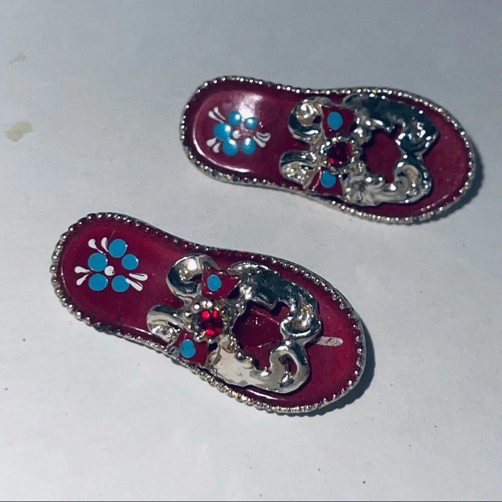 Vintage Red Flip Flops Gold Tone Rhinestone Italian Hand Painted Brooch